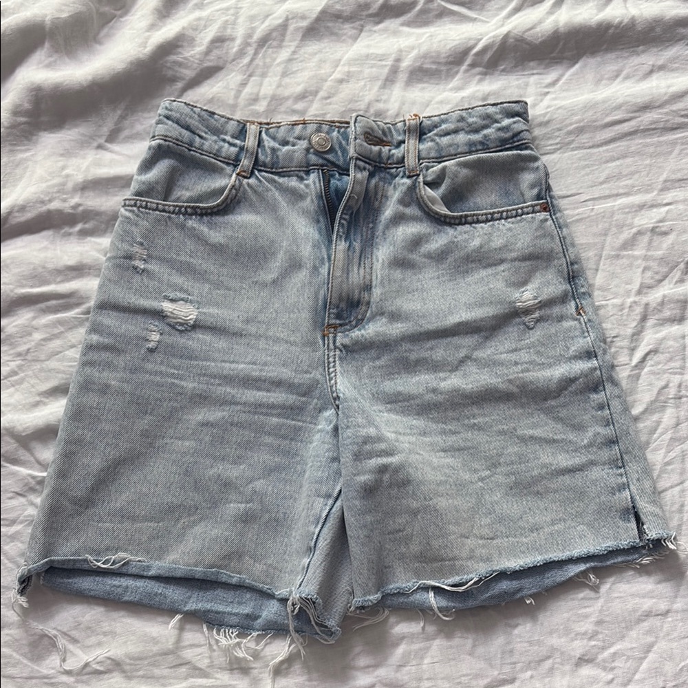 Zara Light Blue Distressed Jean Shorts
